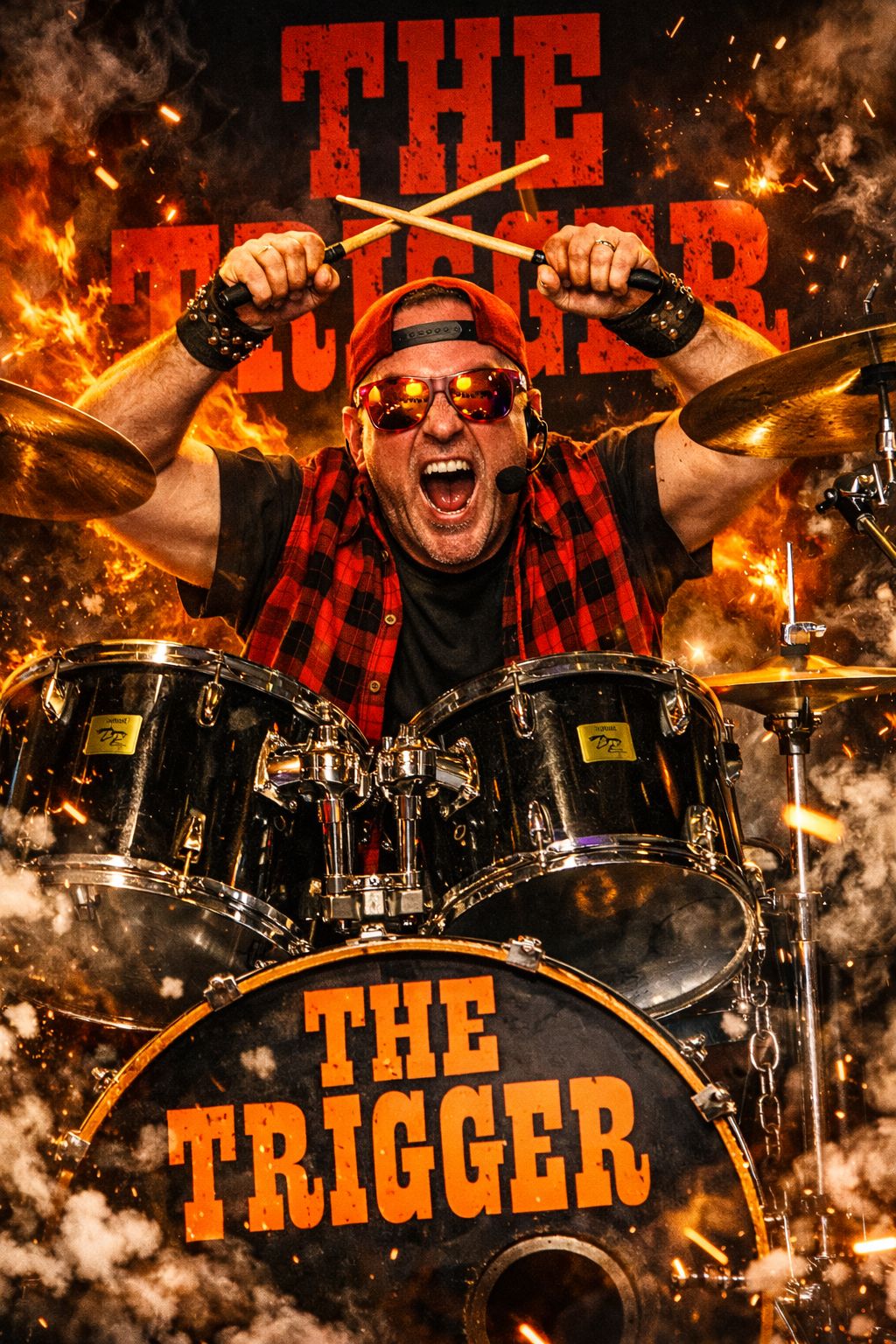 Drummer of The Trigger playing live surrounded by fire