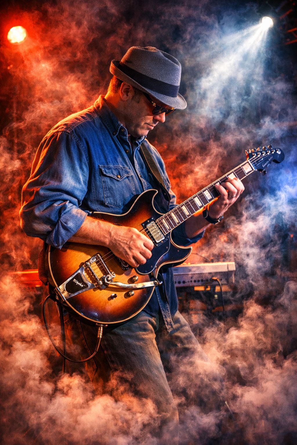 Guitarist of The Trigger in a hat playing live