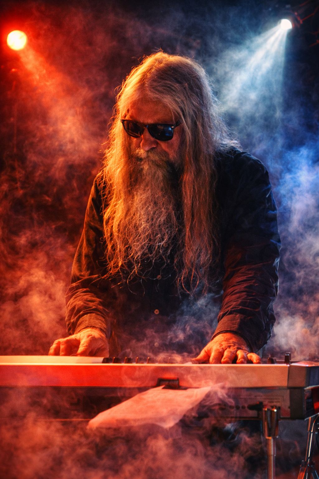 Keyboard player of The Trigger on stage in smoke